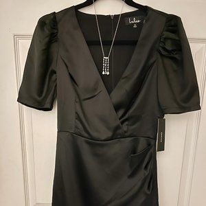 NWT Lulus Black Satin Dress Size Small & Bonus Dangling CZ Silvertoned Necklace